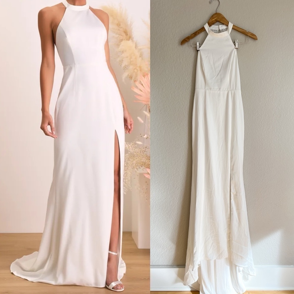 Radiant Adoration White Satin Lace Backless Halter Maxi Dress